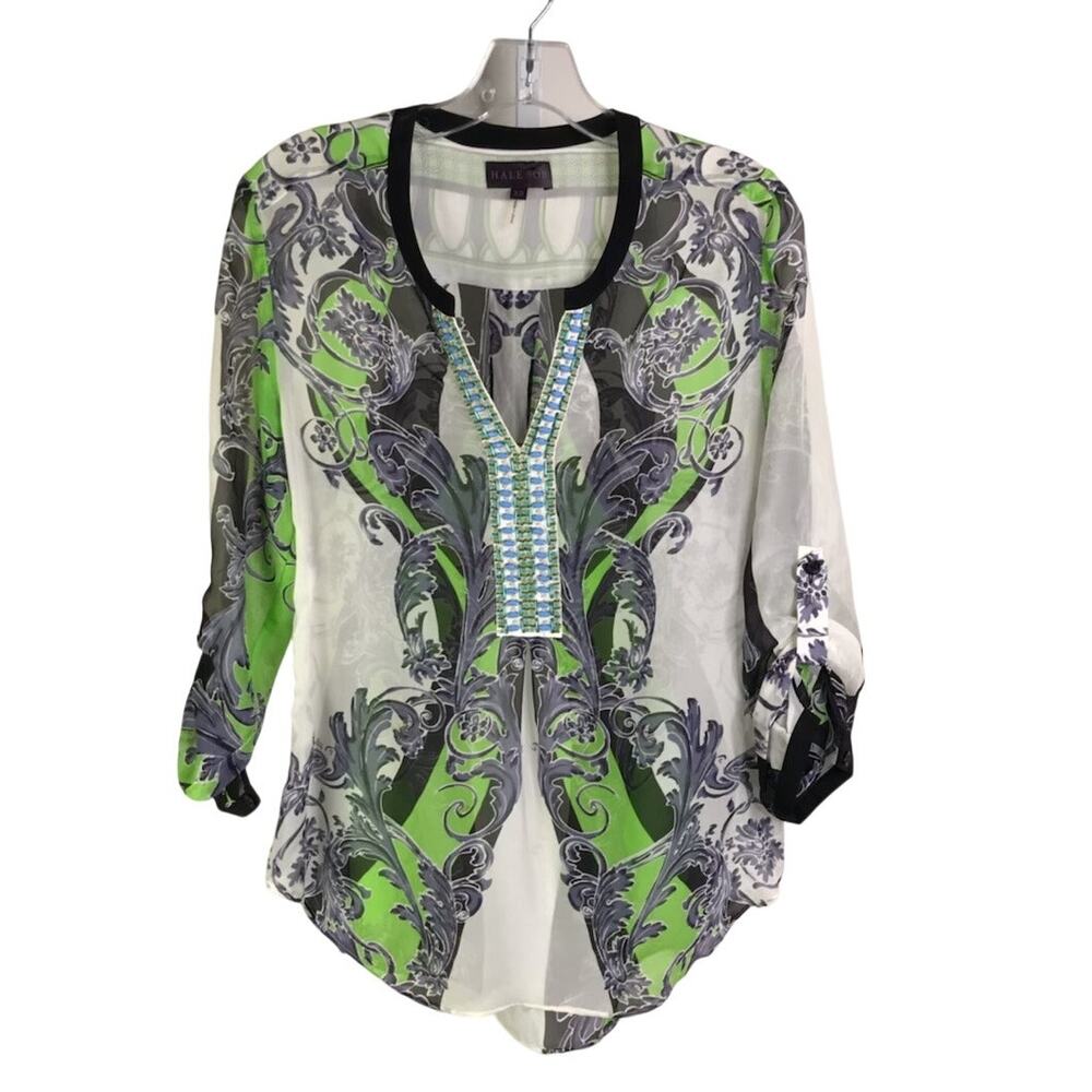 Hale Bob Silk Blouse Womens Size XS Multi Color Beaded‎ V-Neck Long Sleeve
